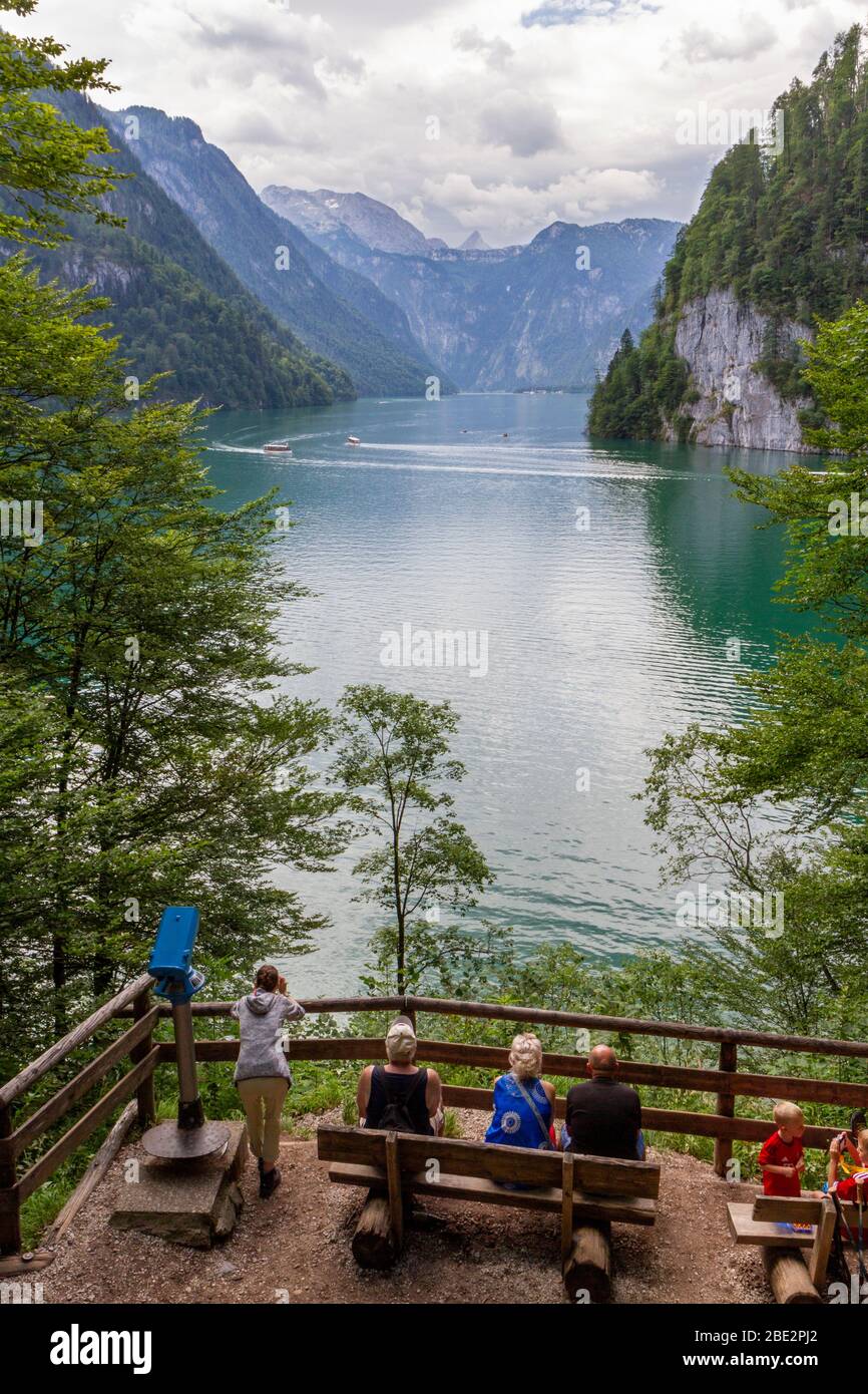 View looking along Königssee, a natural lake in Berchtesgaden, Bavaria, Germany. Stock Photo