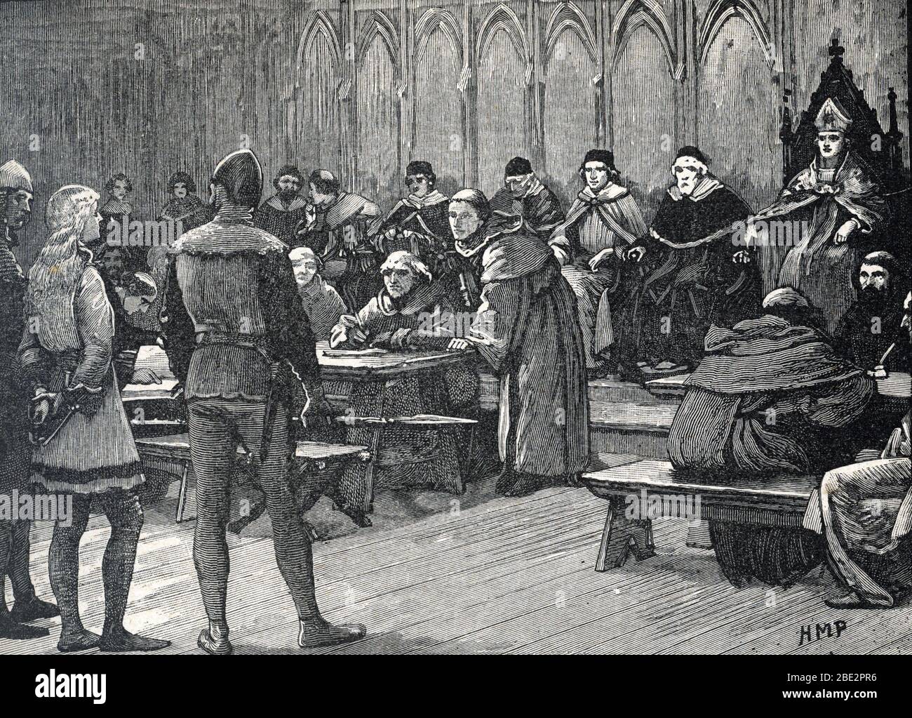 Trial of Joan of Arc, 1431 : Cardinal Henry Beaufort, Bishop of Winchester, interrogates Joan of Arc (Le proces de Jeanne d'Arc, 1431) Engraving from Stock Photo