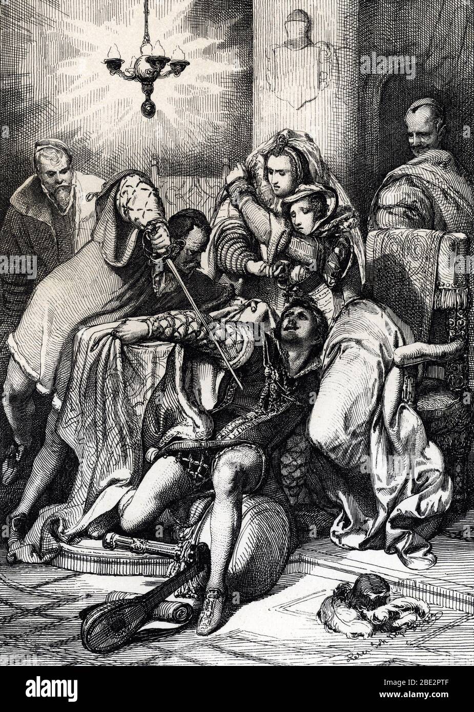 'Le meurtre de Davide Rizzio (Davide Riccio ou Davide Rizzo) (1533-1566), favori de la reine d'ecosse Marie Stuart assassine sur ordre de Lord Darnley Stock Photo