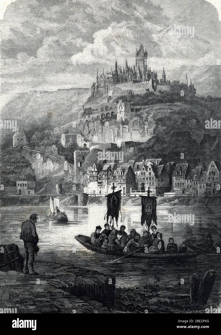 Vue de Cochem avec son chateau sur les rives de la Moselle, Allemagne (View of Cochem and the castle, Germany) Engraving 19th century Private collecti Stock Photo