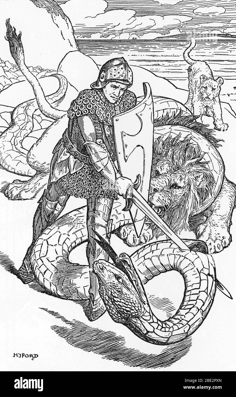 'Le chevalier Perceval combattant un serpent geant' (Percival fightint the serpent) Illustration de HJ Ford (1860-1940) tiree de 'The book of romance' Stock Photo