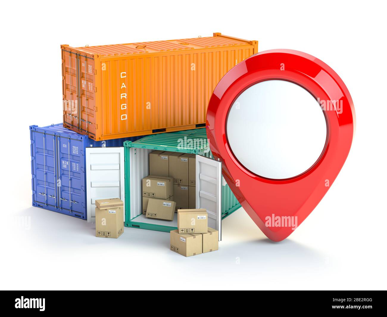 Cargo containers and pin isolated on white. Delivery, shipping and storage service. 3d illustration Stock Photo