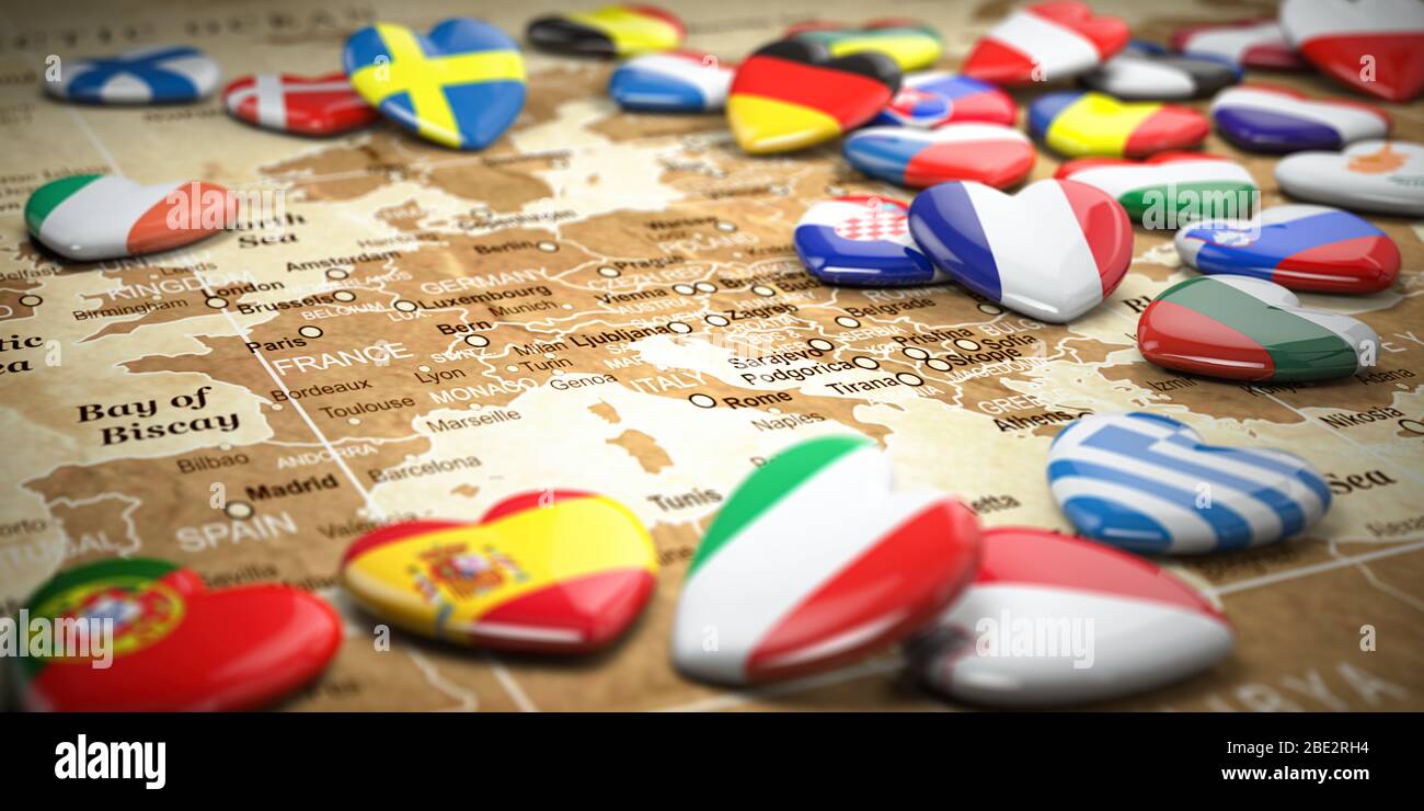 Map of Europe  and hearts with flags of european countries. Travel  and tourism to European Union EU concept. 3d illustration Stock Photo