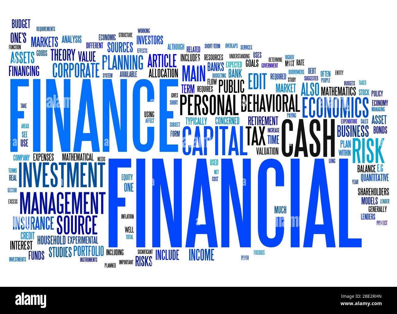 Eine Wortwolke mit zahlreichen Begriffen zum Thema 'Finanzen' Stock Photo