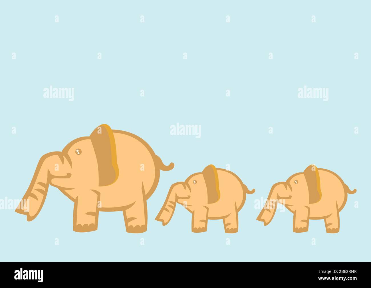 Big elephant leading two small elephant isolated on light blue background. Vector cartoon illustration for children. Stock Vector