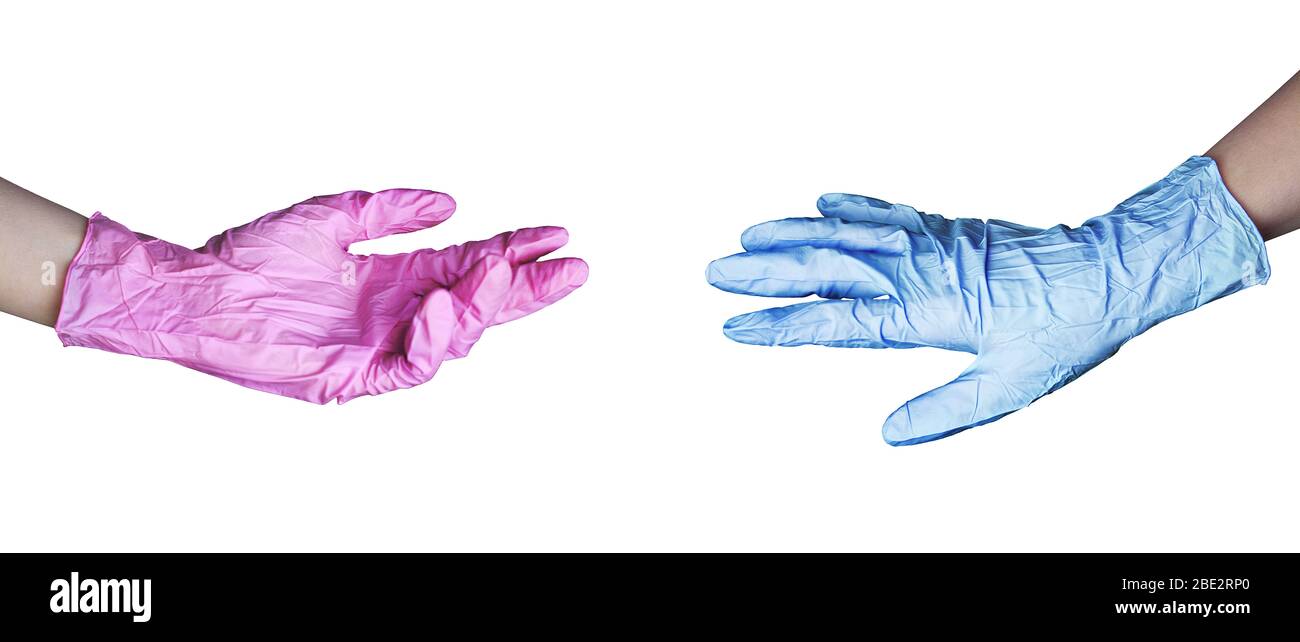 Two human hands in rubber medical gloves isolated close up, doctor or nurse  hands in latex protective gloves, coronavirus banner, helping hands sign  Stock Photo - Alamy