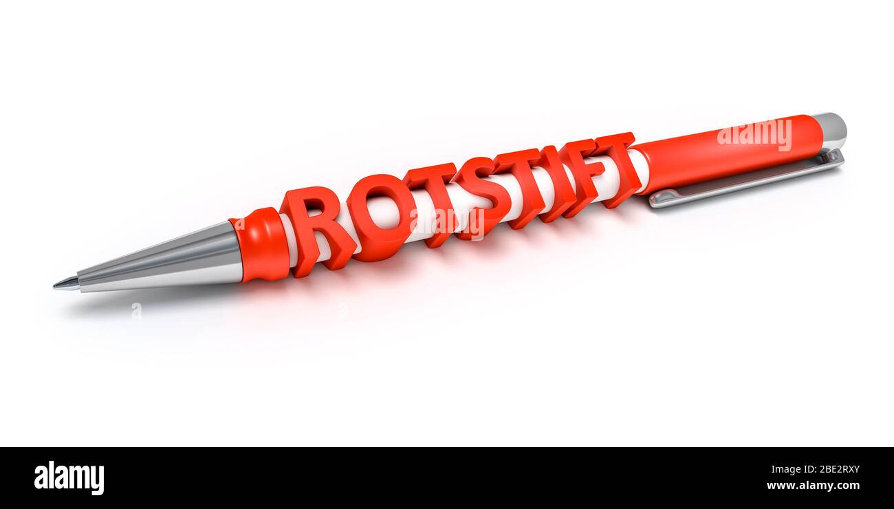 Ein Kugelschreiber vor weissem Hintergrund, mit der Aufschrift: 'Rotstift' Stock Photo