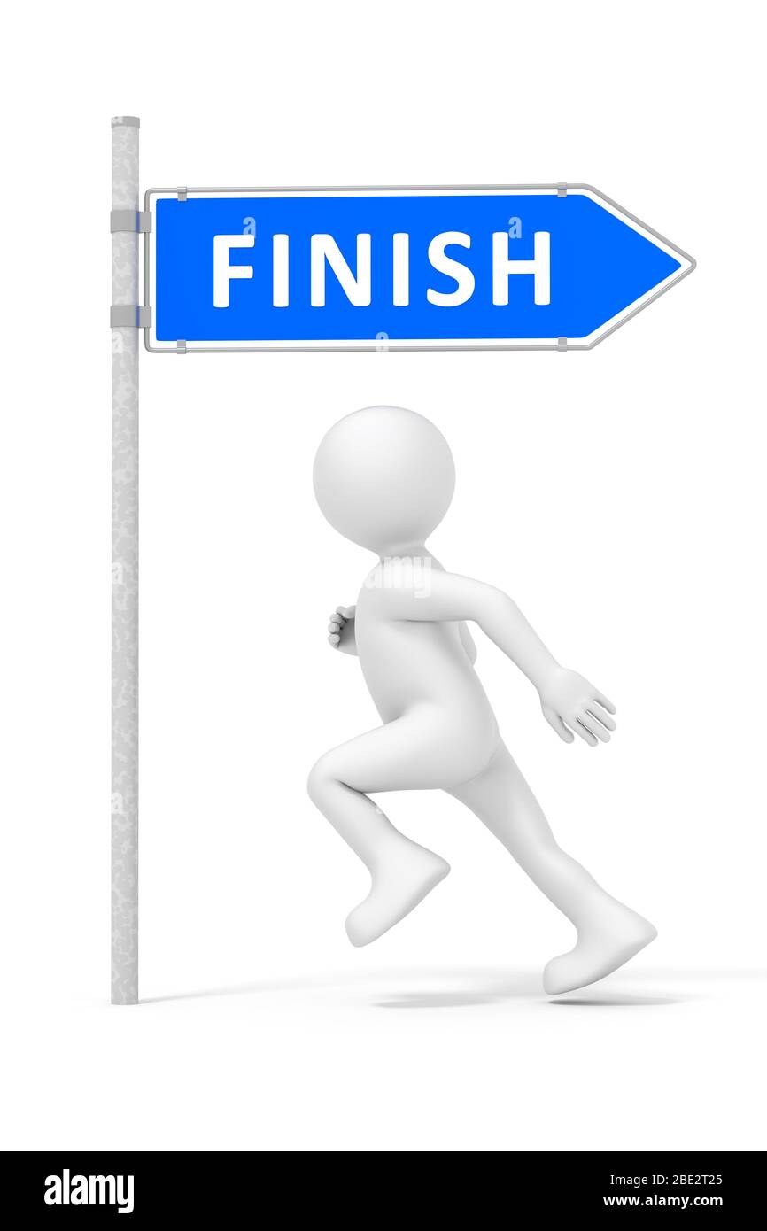 Ein weisses Maennchen, das in falscher Richtung an einem Strassenschild mit der Aufschrift "Finish" vorbeilaeuft Stock Photo