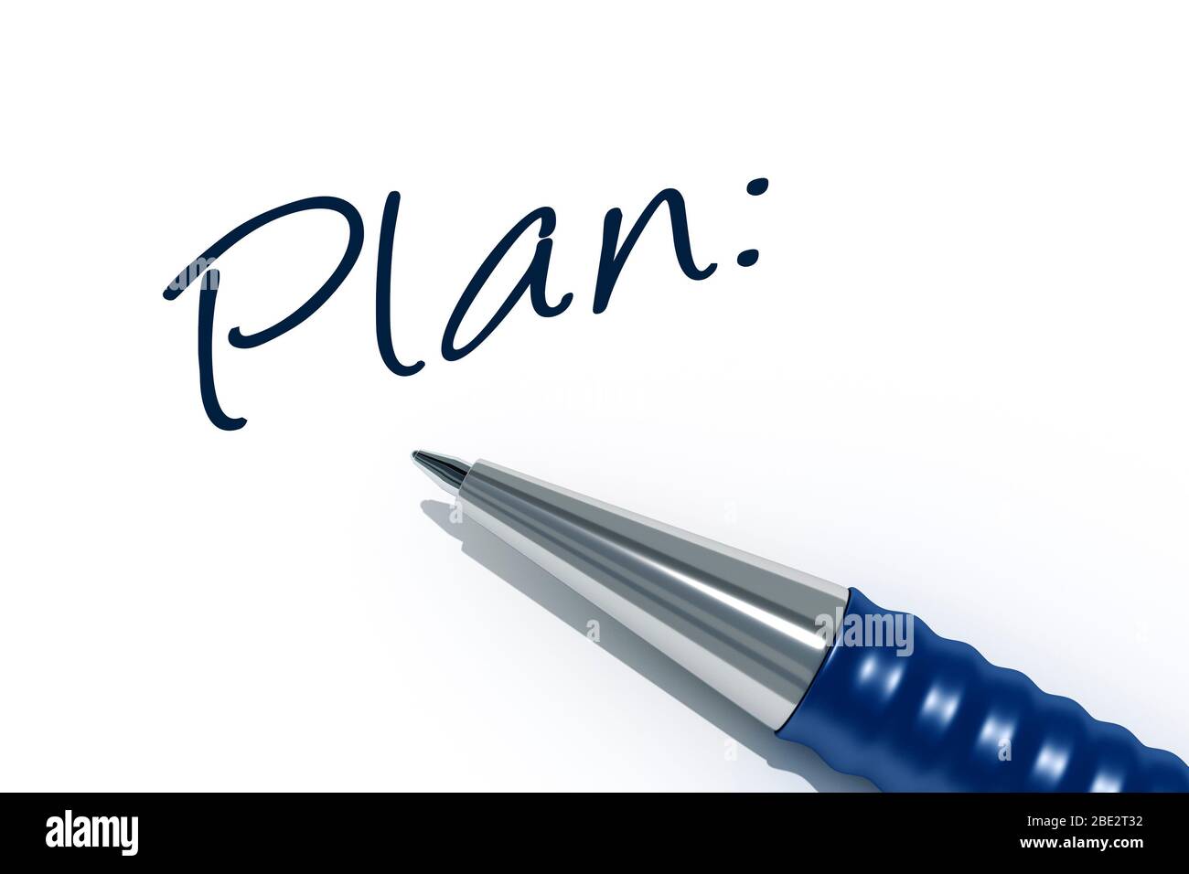 Ein Kugelschreiber vor weissem Hintergrund, zusammen mit den Worten: 'Plan' Stock Photo