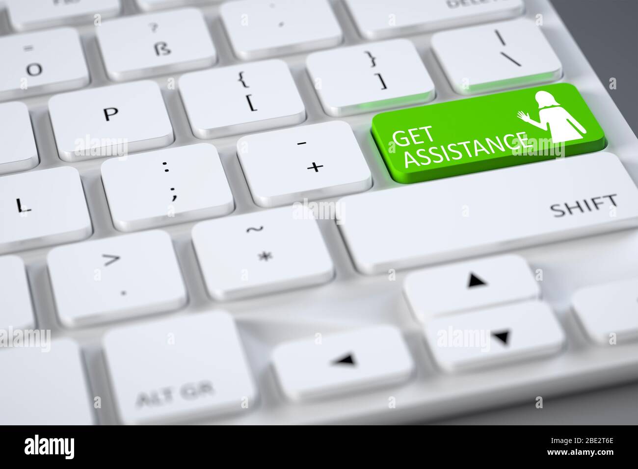 Eine handelsuebliche graue Tastatur mit einer hervorgehobenen Sondertaste: 'Get Assistance' Stock Photo