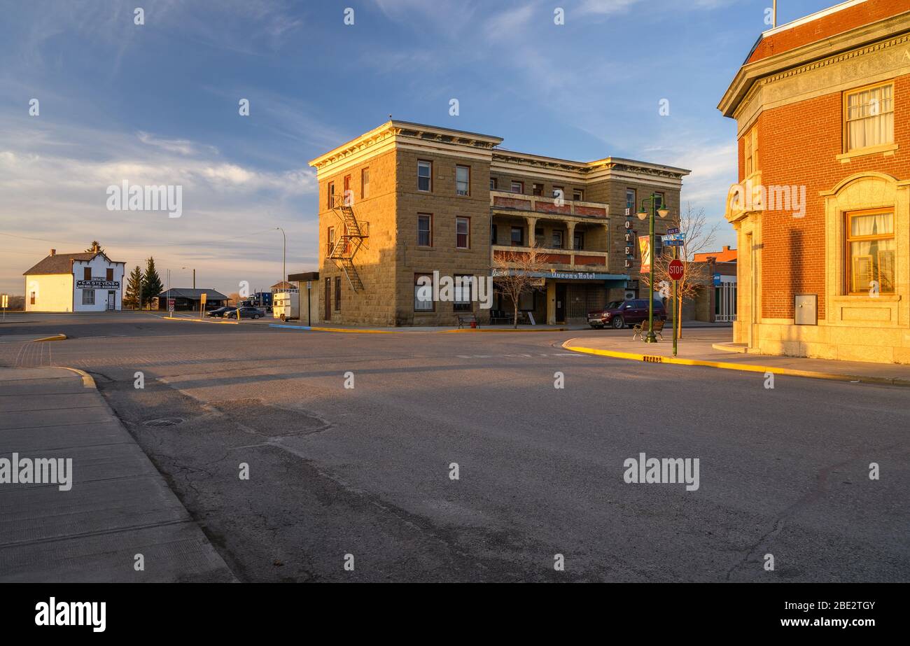 Fort MacLeod, Alberta, Canada April 09, 2020 Sun setting on the