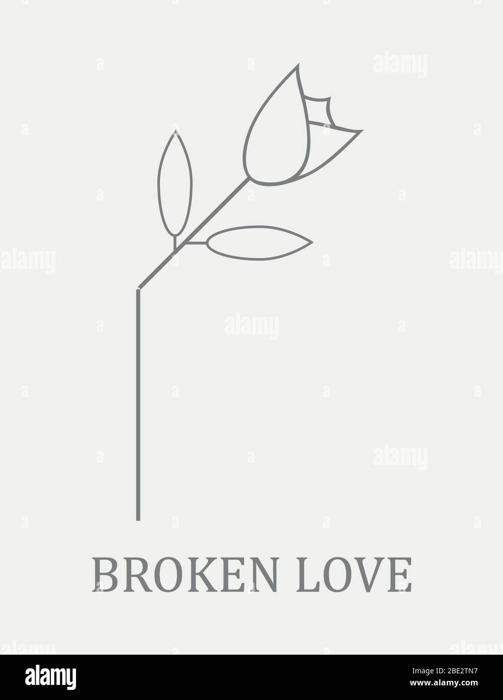 Broken rose, symbol for broken love or friendship, gray and white minimalism vector illustration logo with copy space Stock Vector