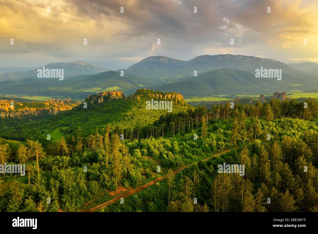 Europe, Bulgaria, Belogradchik, aerial view of rock formations and forest Stock Photo