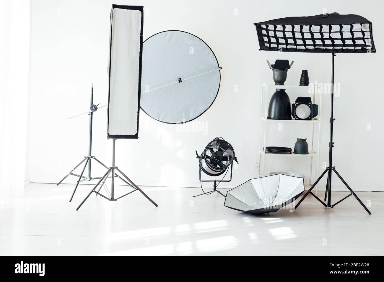 Flash photo studio accessories photographer equipment interior Stock
