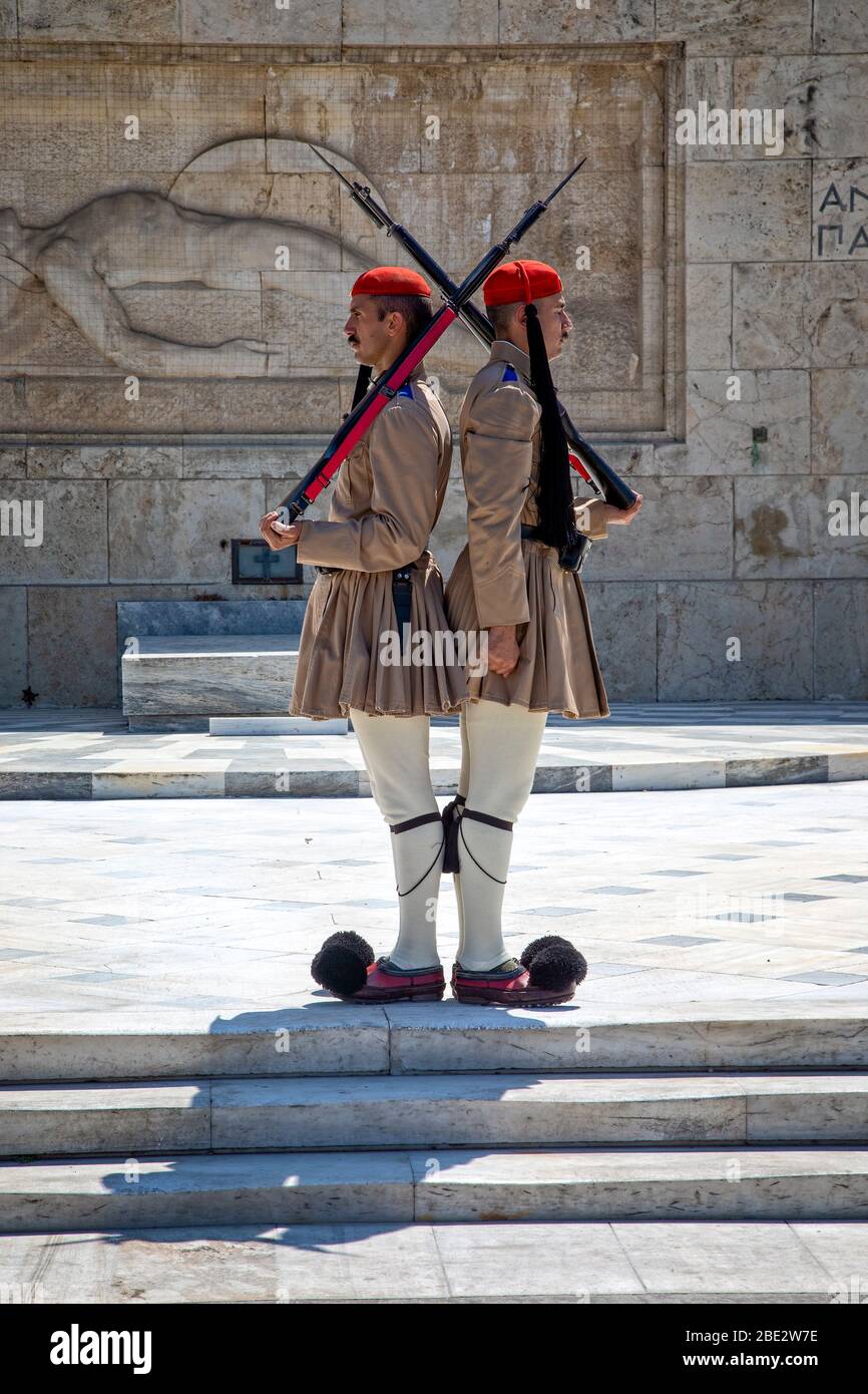 The Presidential guard or changing of the Evzones, at the tomb of the unknown in front of Parliament in Athens, Greece. Stock Photo