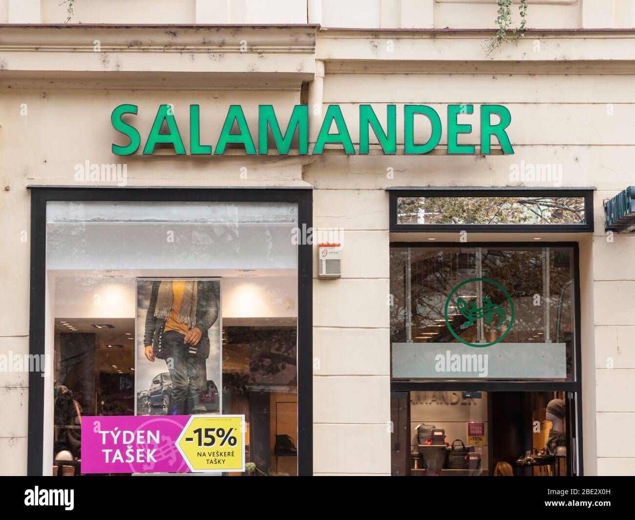 PRAGUE, CZECHIA - NOVEMBER 1, 2019: Salamander shoes logo in front of their  store in Prague. Salamander is a German fashion retailer specialized in Sh  Stock Photo - Alamy
