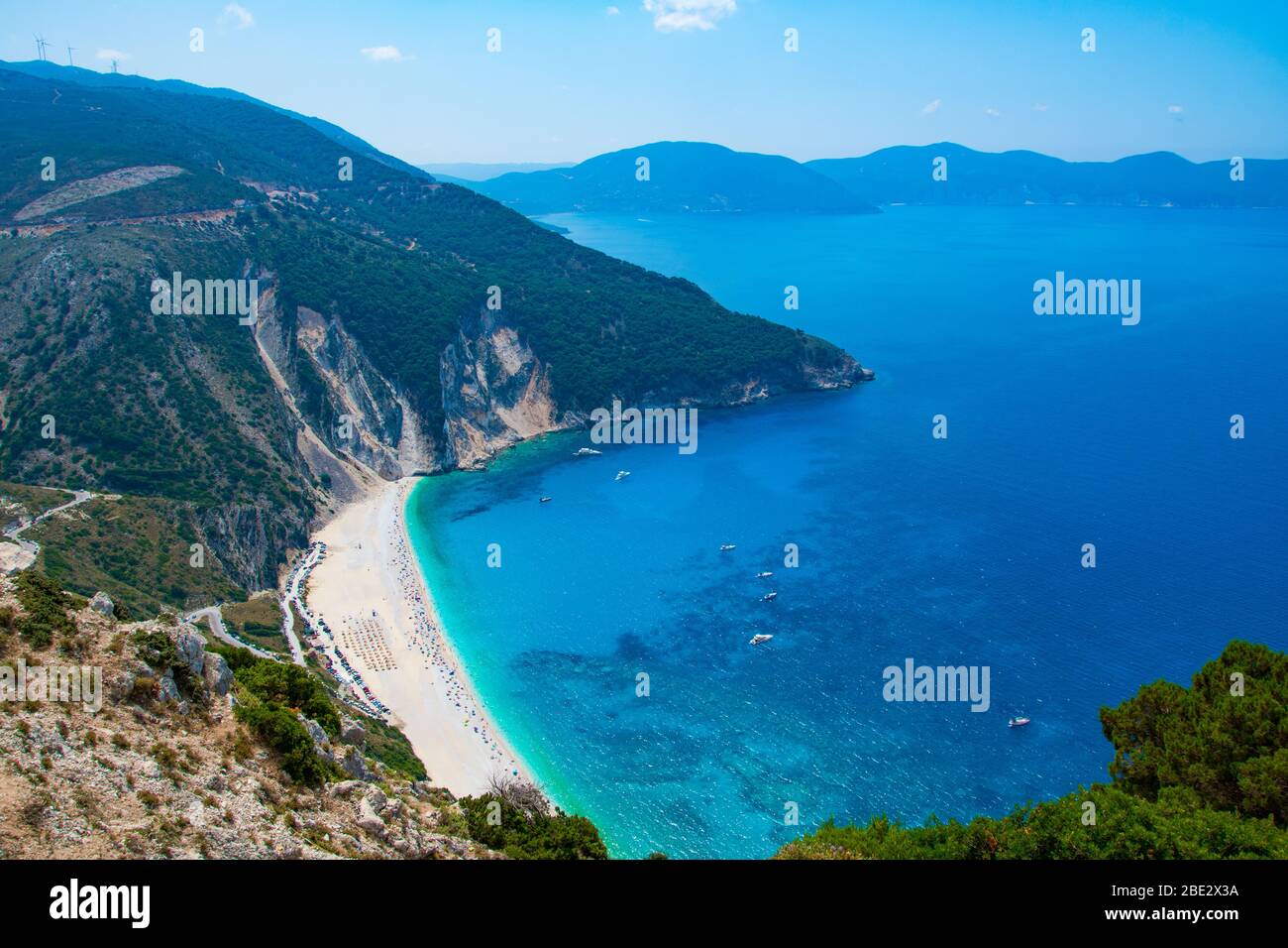 Aerial view of Myrtos beach in Kefalonia Ionian island in Greece. One of the most famous beaches in the world with turquoise crystal clear sea waters Stock Photo