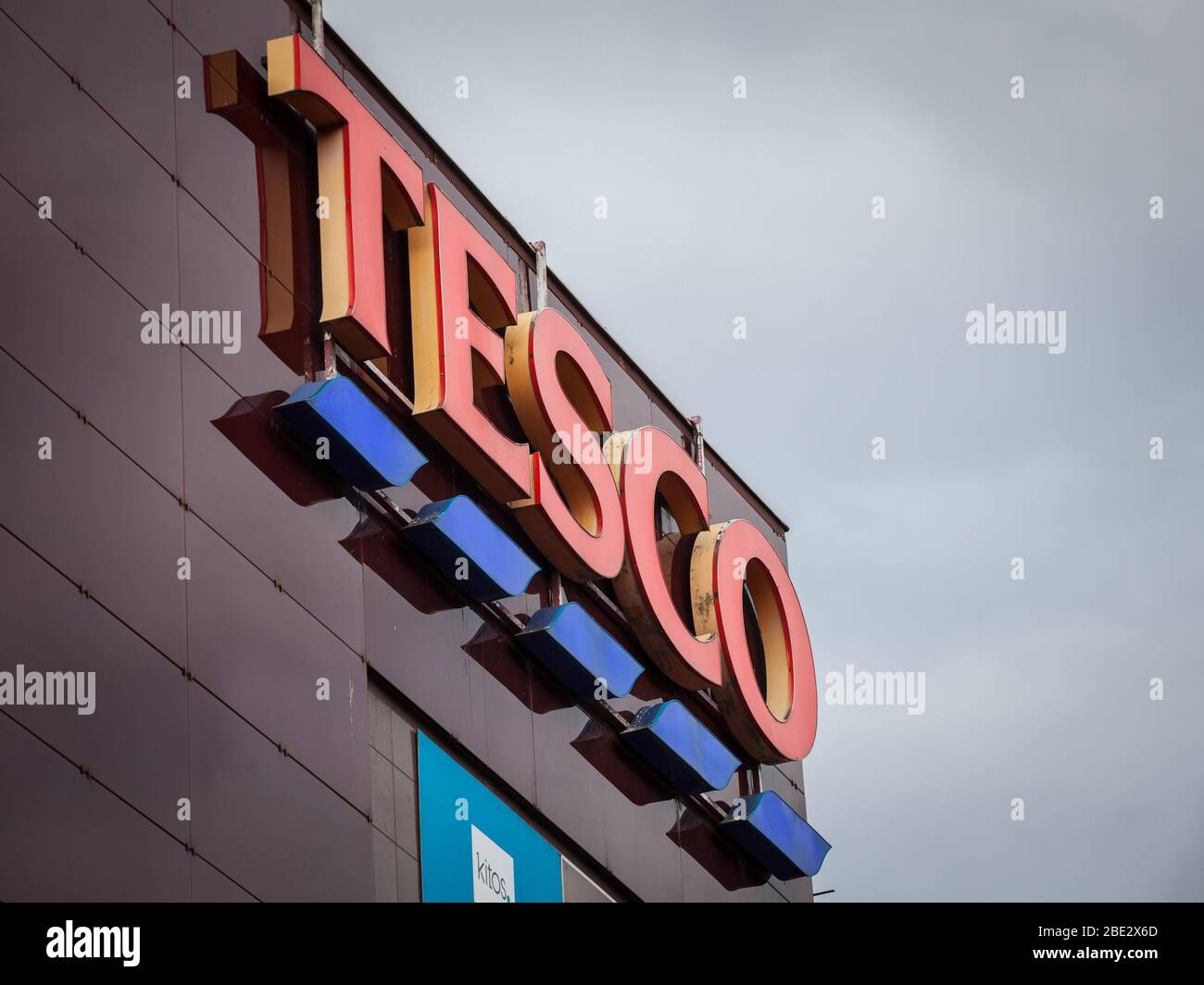 PRAGUE, CZECHIA - NOVEMBER 4, 2019: Tesco logo on their main supermaket in Szeged. Tesco is a british supermarket, groceries and general merchandise r Stock Photo