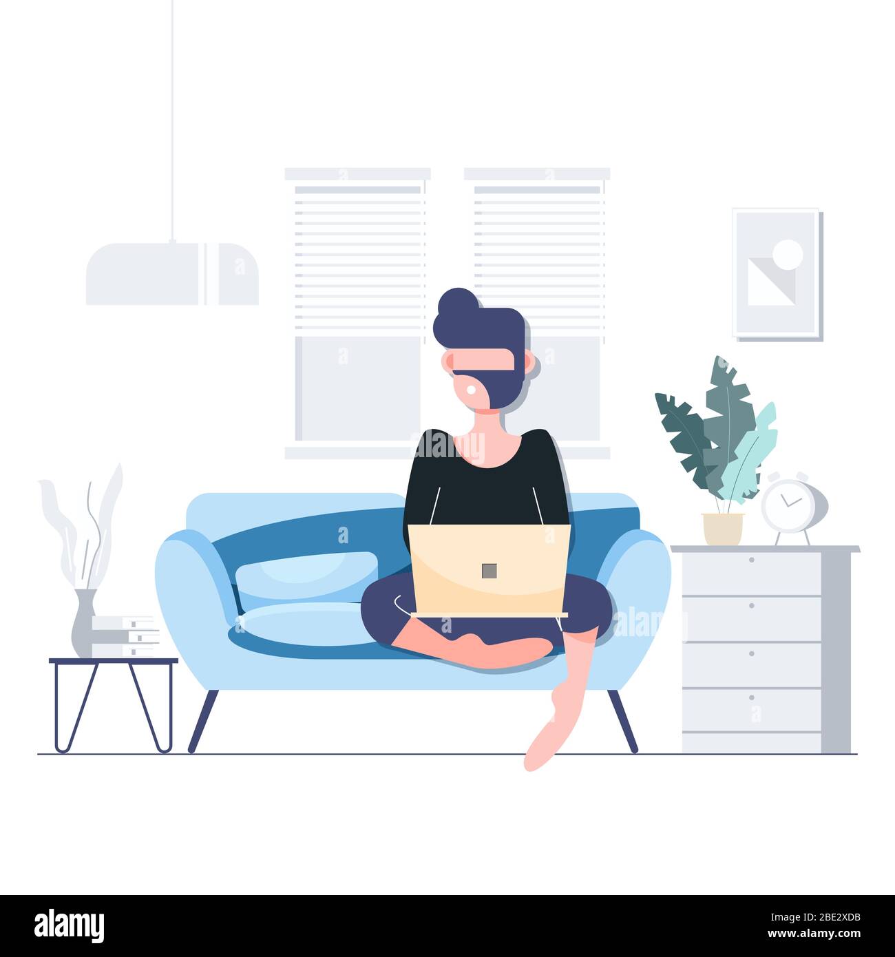 Work from home stay at home quarantine social distancing concept. Lockdown Covid-19 coronavirus outbreak. Digital transformation. Flat character abstr Stock Vector