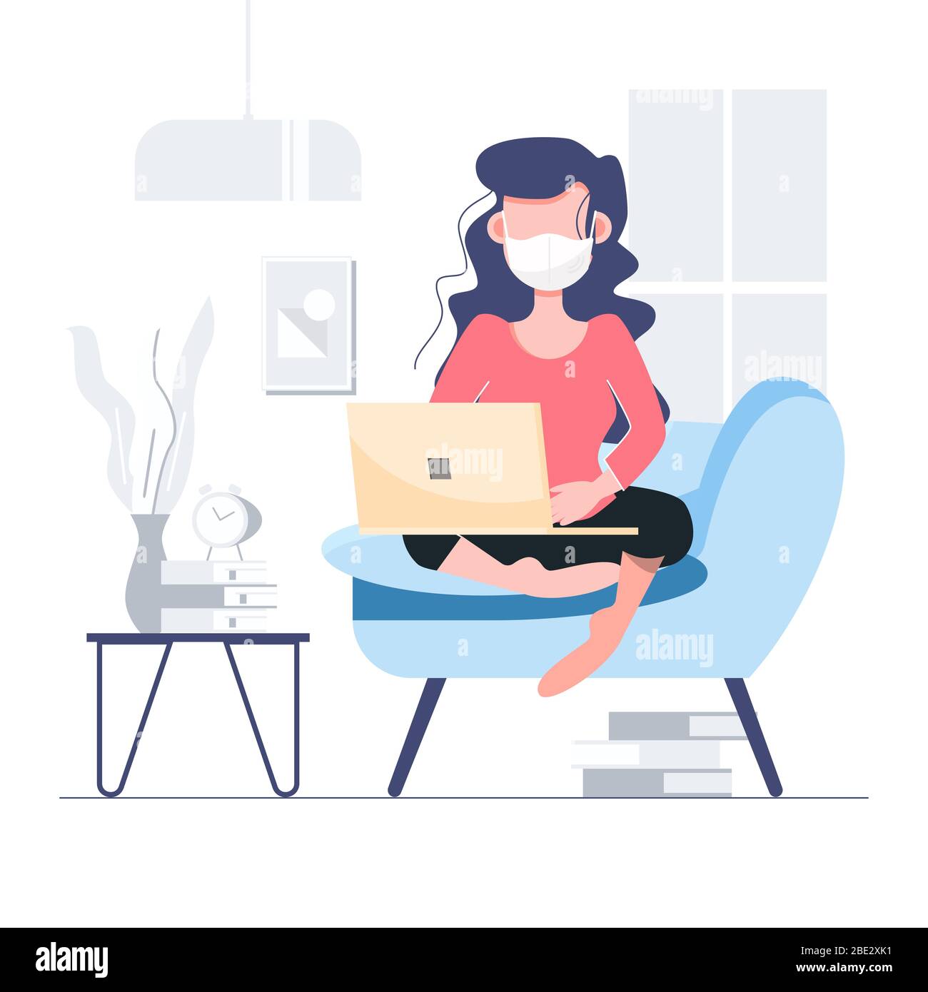 Work from home stay at home quarantine social distancing concept. Lockdown Covid-19 coronavirus outbreak. Digital transformation. Flat character abstr Stock Vector