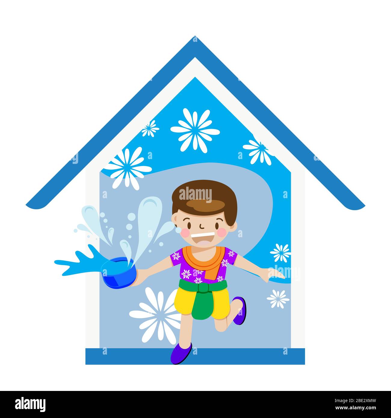 Stay home save life concept. Thai New Year during covid-19 coronavirus outbreak. Boy stay at home playing splash water for Songkran festival in Thaila Stock Vector