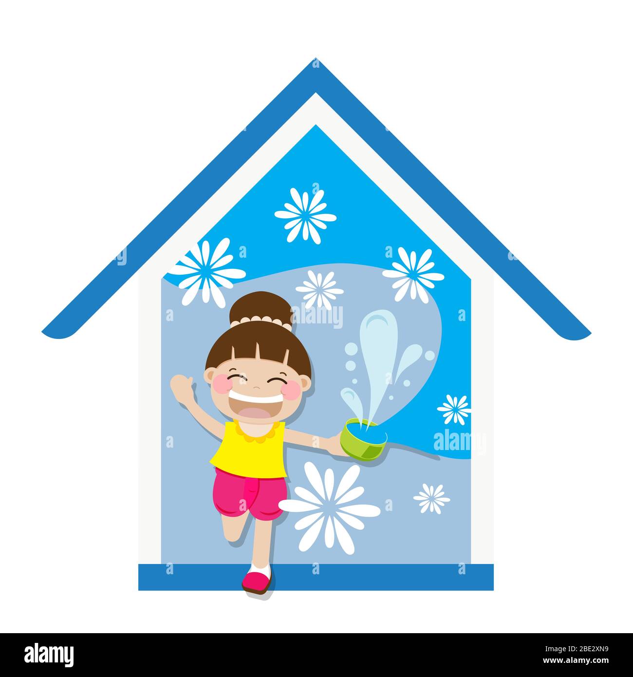 Stay home save life concept. Thai New Year during covid-19 coronavirus outbreak. Girl stay at home playing splash water for Songkran festival in Thail Stock Vector