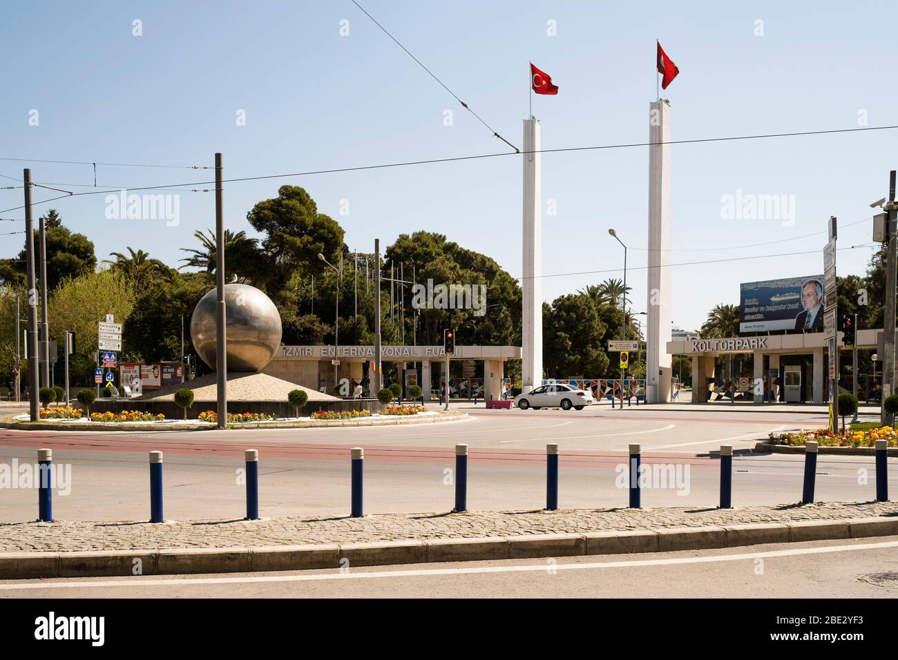 Izmir, Turkey - April 10, 2020:  Lozan Gate of Izmir International fair no people outside and no vehicles on the roads because of Coronavirus pandemi. Stock Photo