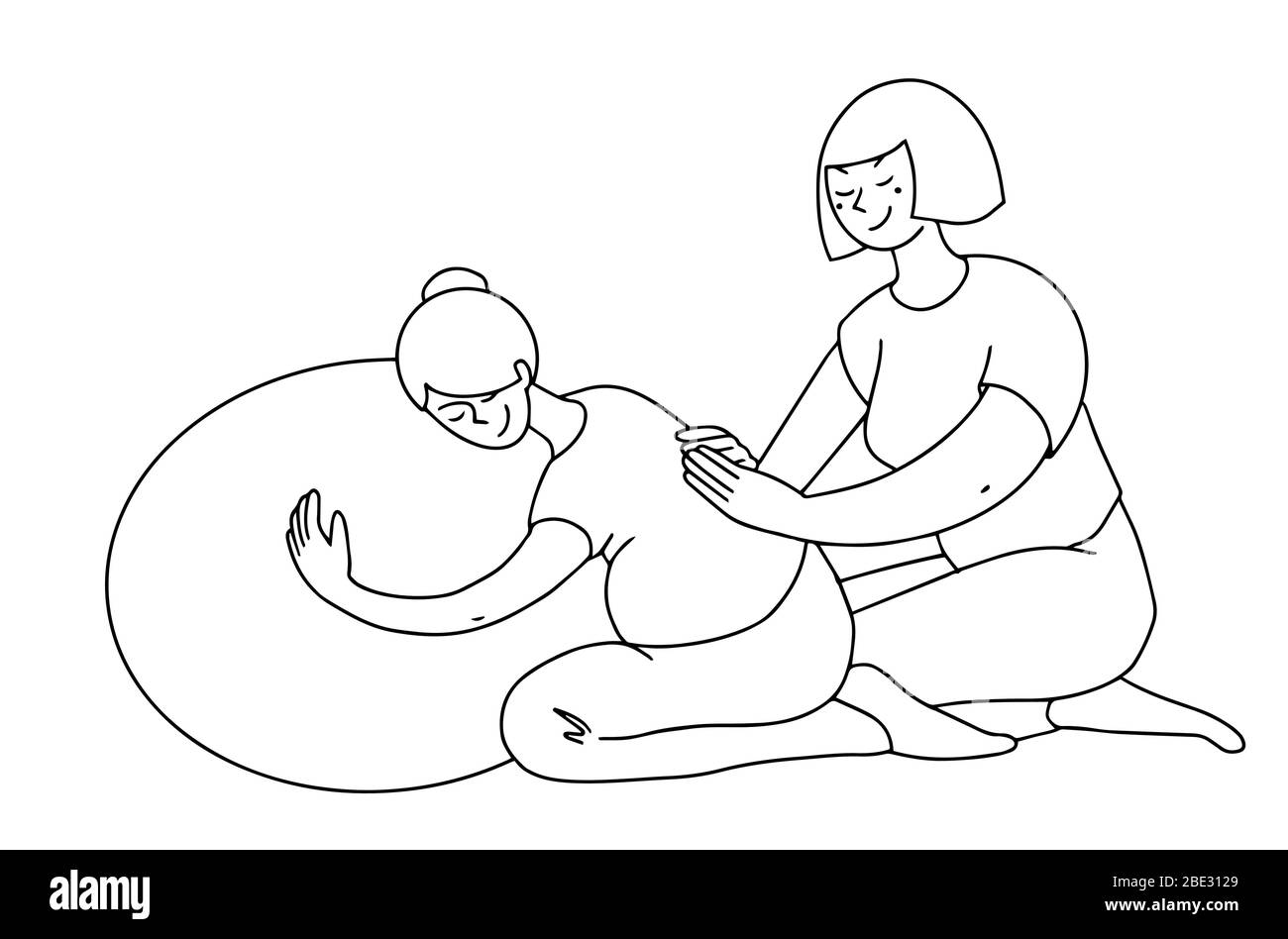 Doula support instead partner pregnant woman. help physical and emotional labour and birth to go smoothly. black and white vector line style illustration Stock Vector