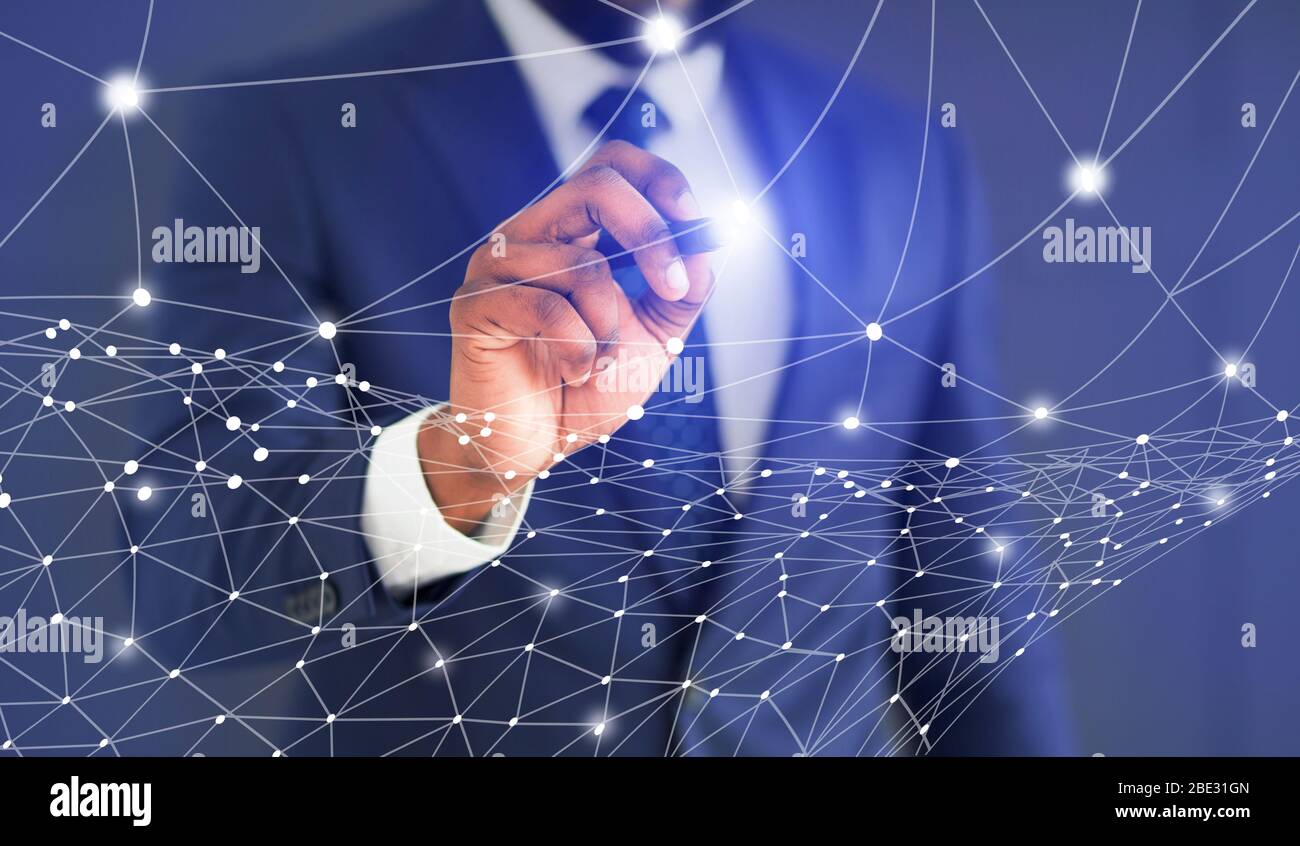Unrecognizable Businessman Using Stylus Touching Virtual Panel Over Blue Background Stock Photo