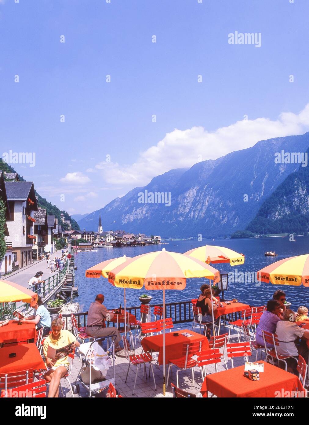Lakeside restaurant, Hallstatt (Hoistod), Salzkammergut, Upper Austria, Republic of Austria Stock Photo