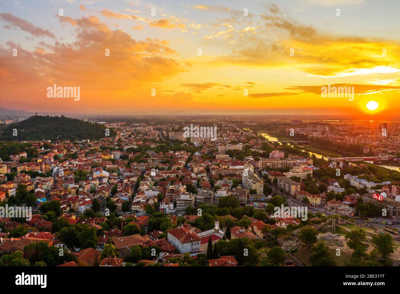Europe, Bulgaria, aerial view of Plovdiv city center at sunrise Stock Photo