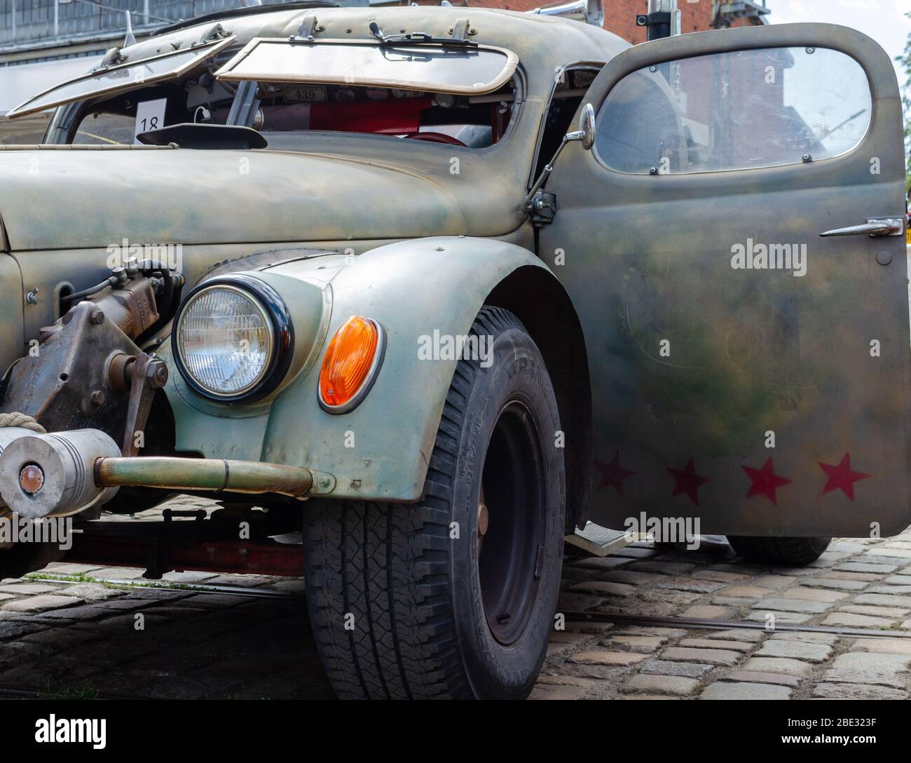 WROCLAW, POLAND - August 11, 2019: USA cars show: green american military car with rising windshields. Stock Photo