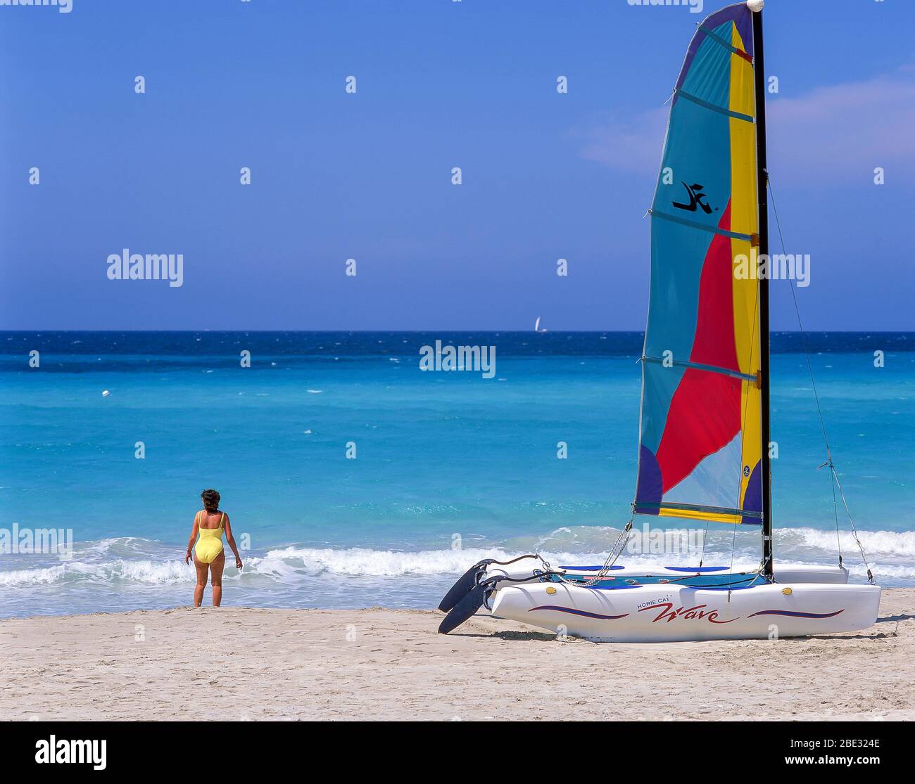 Hobie Cat catamaran on beach, Varadero, Matanzas, Republic of Cuba Stock Photo