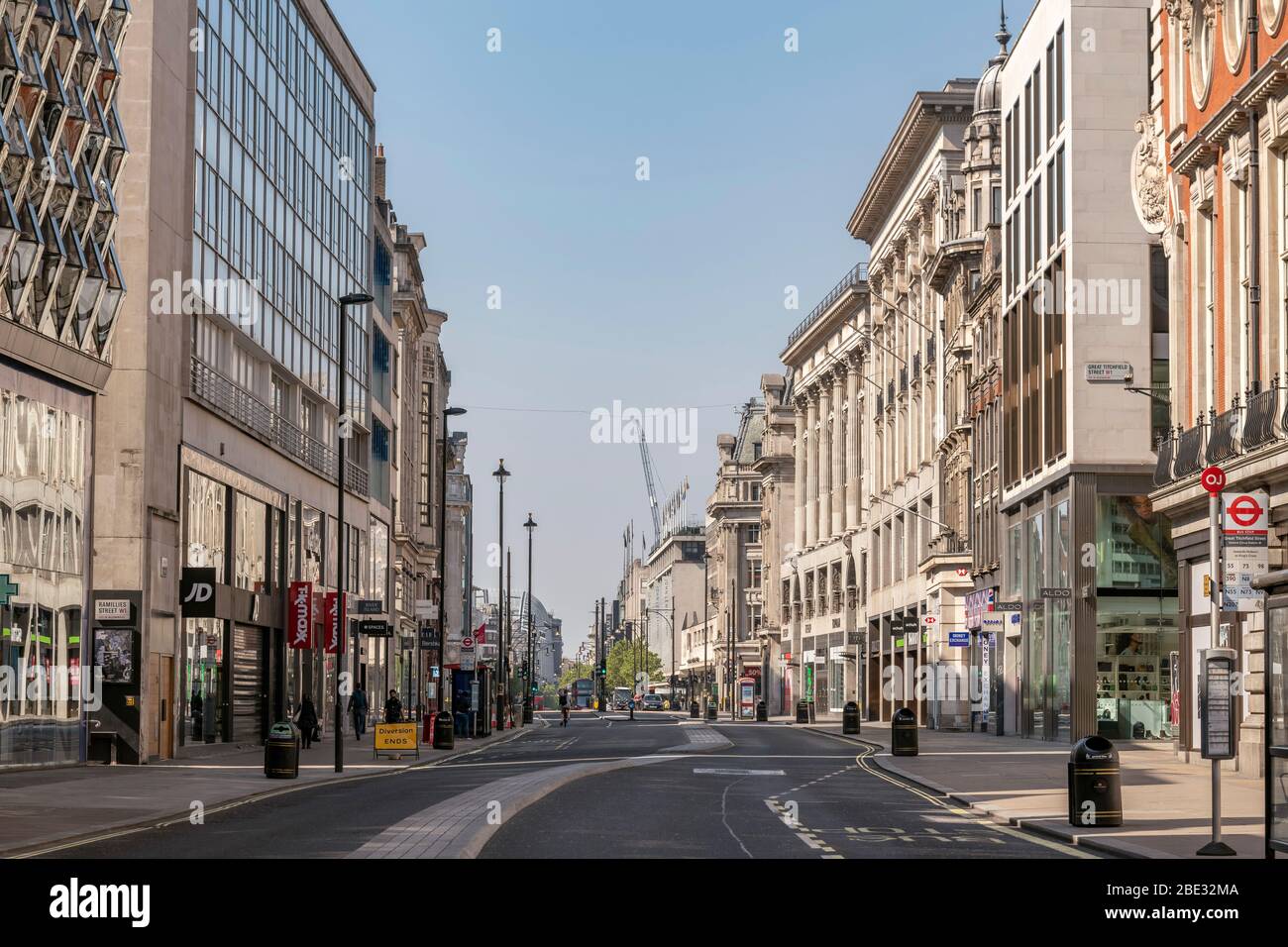 Oxford Street, London during coronavirus covid 19 pandemic outbreak. The street and road are empty as British people observe lockdown quarantine Stock Photo