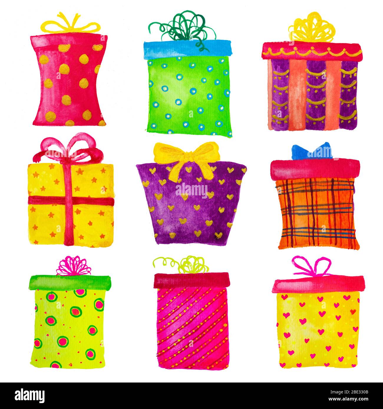 Watercolor painting drawings of several Christmas birthday presents gift boxes, isolated Stock Photo