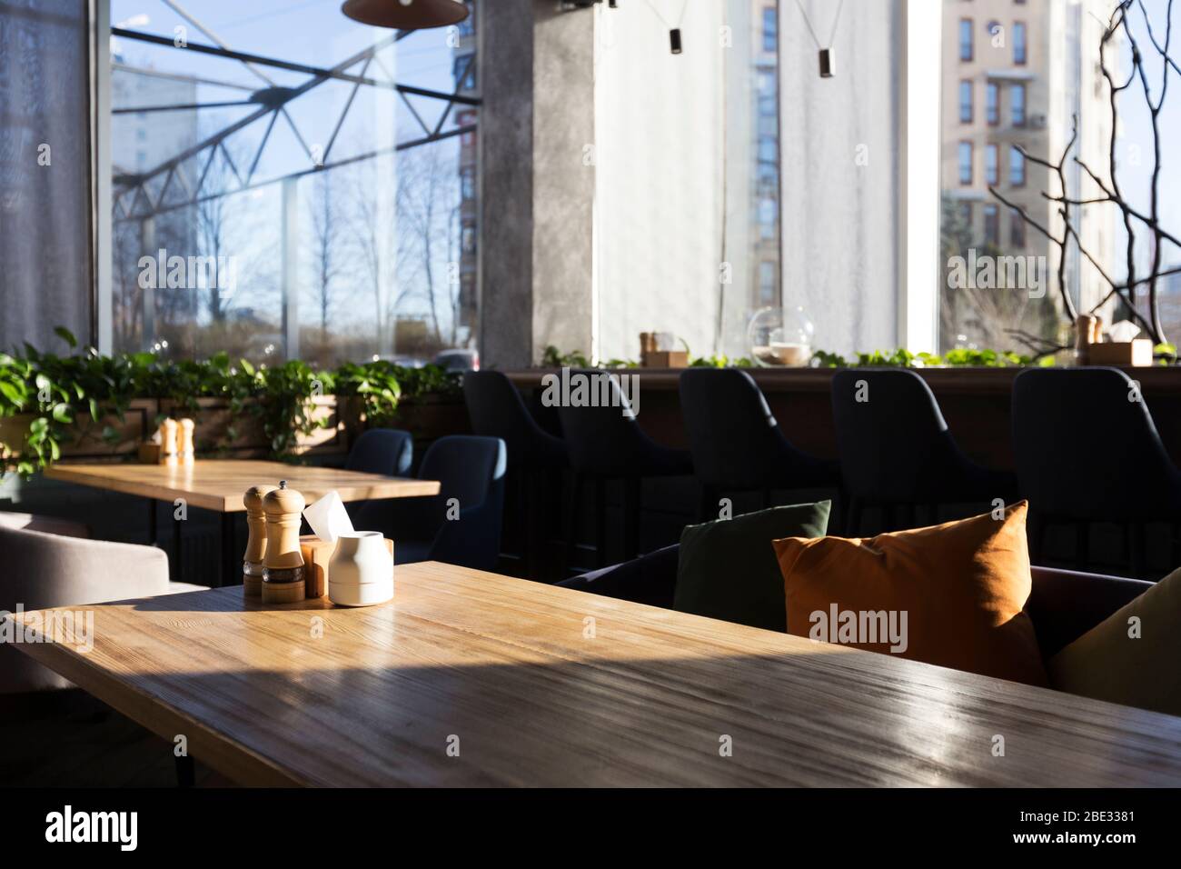 Concept of dining, breakfast, brunch, or lunch in modern restaurant ...