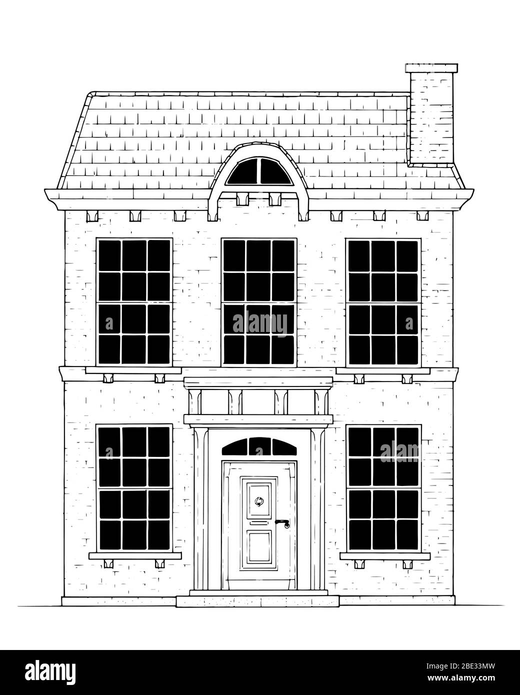 Drawing of classic victorian style house - black and white illustration Stock Vector