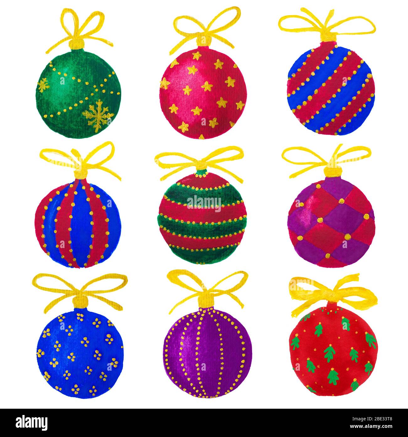 Watercolor hand drawn drawing of colorful Christmas baubles spheres balls set collection, isolated Stock Photo