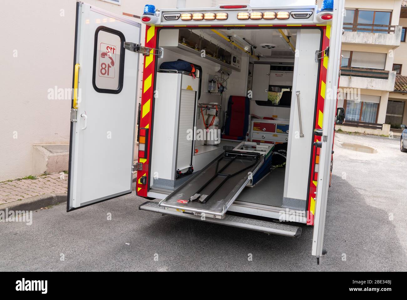 Bordeaux , Aquitaine / France - 03 30 2020 : firefighter rescue interior truck ambulance van victims Stock Photo