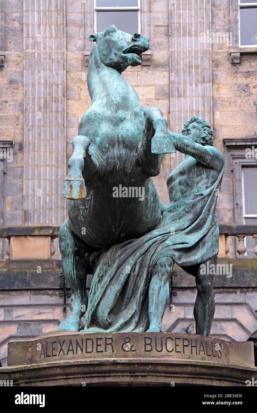 Edinburgh's Alexander and bucephalus Equestrian statue, City Chambers, Royal Mile, Edinburgh, Scotland, UK by John Steell , 1804–1891 Stock Photo