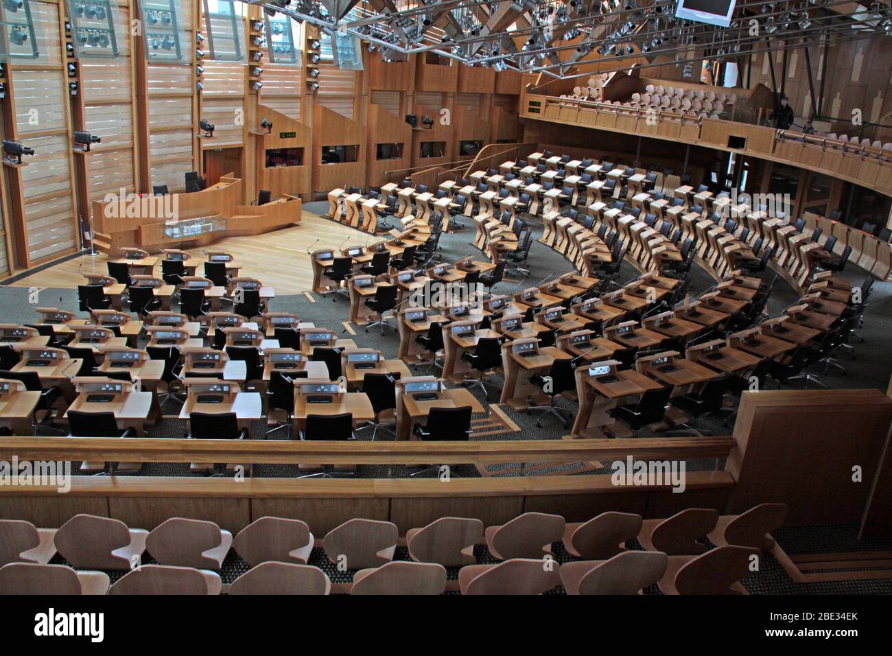 Scottish Parliament Building debating chamber interior, Holyrood, Edinburgh, Scotland, EH99 1SP Stock Photo