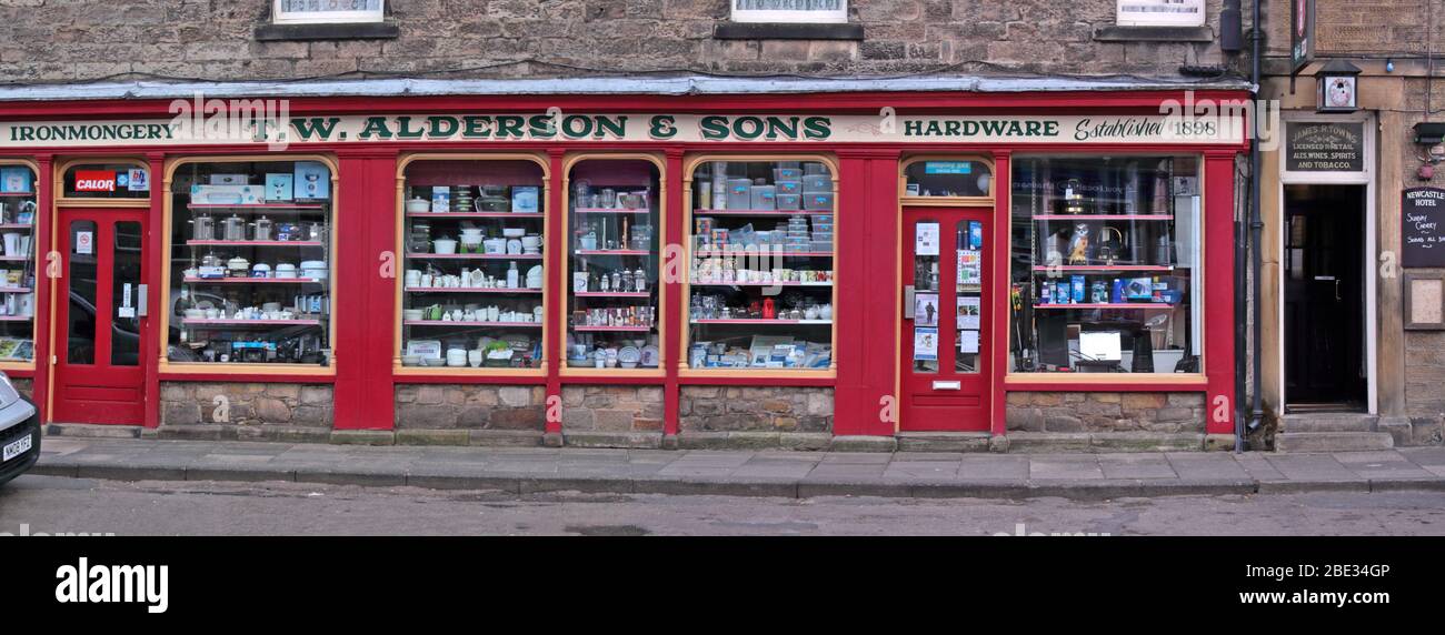 Traditional hardware shop est 1898, TW Alderson, Rothbury, Morpeth Ironmongers - Commercial Buildings, Rothbury, Morpeth NE65 7UU Stock Photo