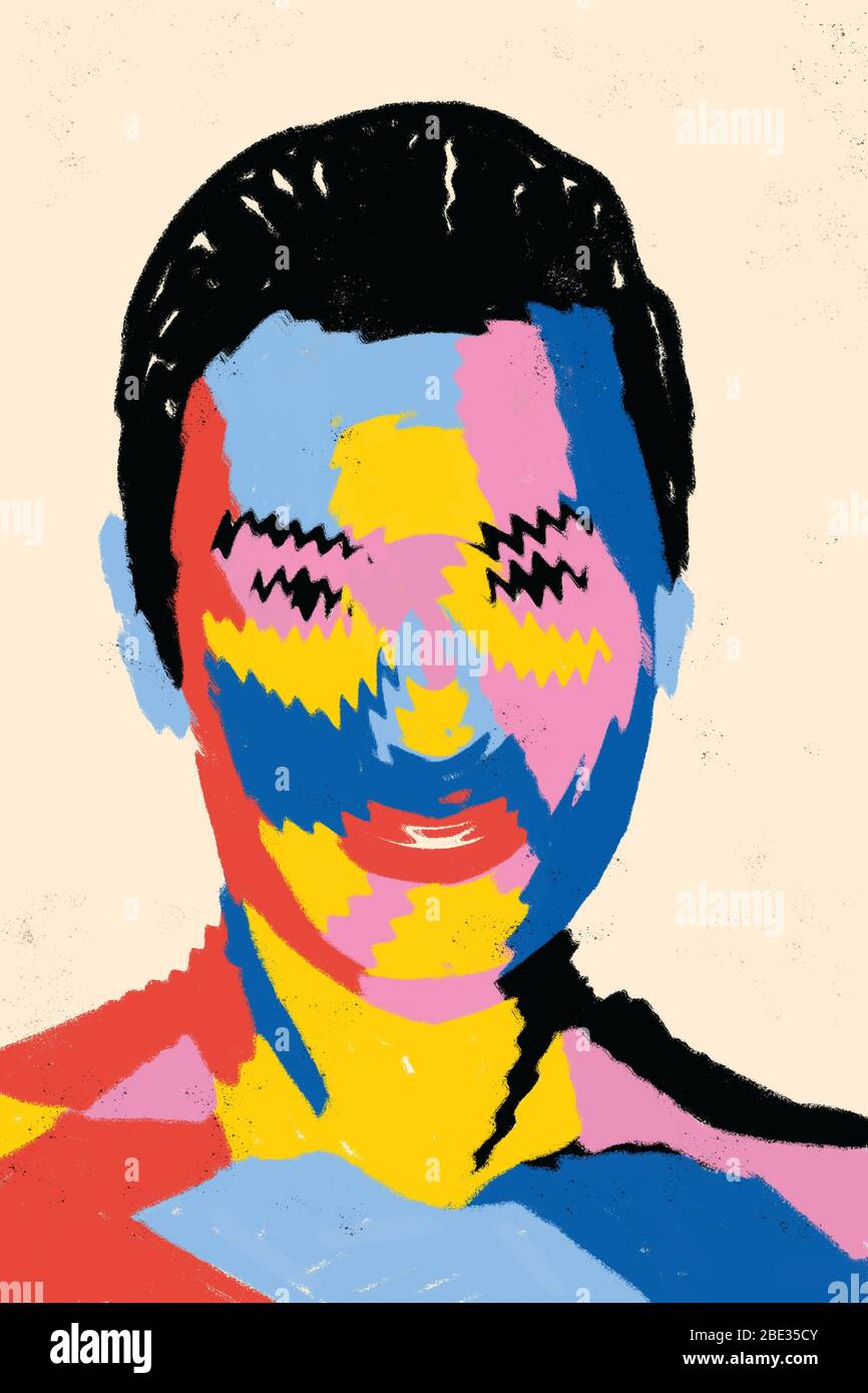 Stress concept. Person feeling stress. Abstract colorful concept shows a face portrait which conceptually expresses stress through wavy lines and crea Stock Photo
