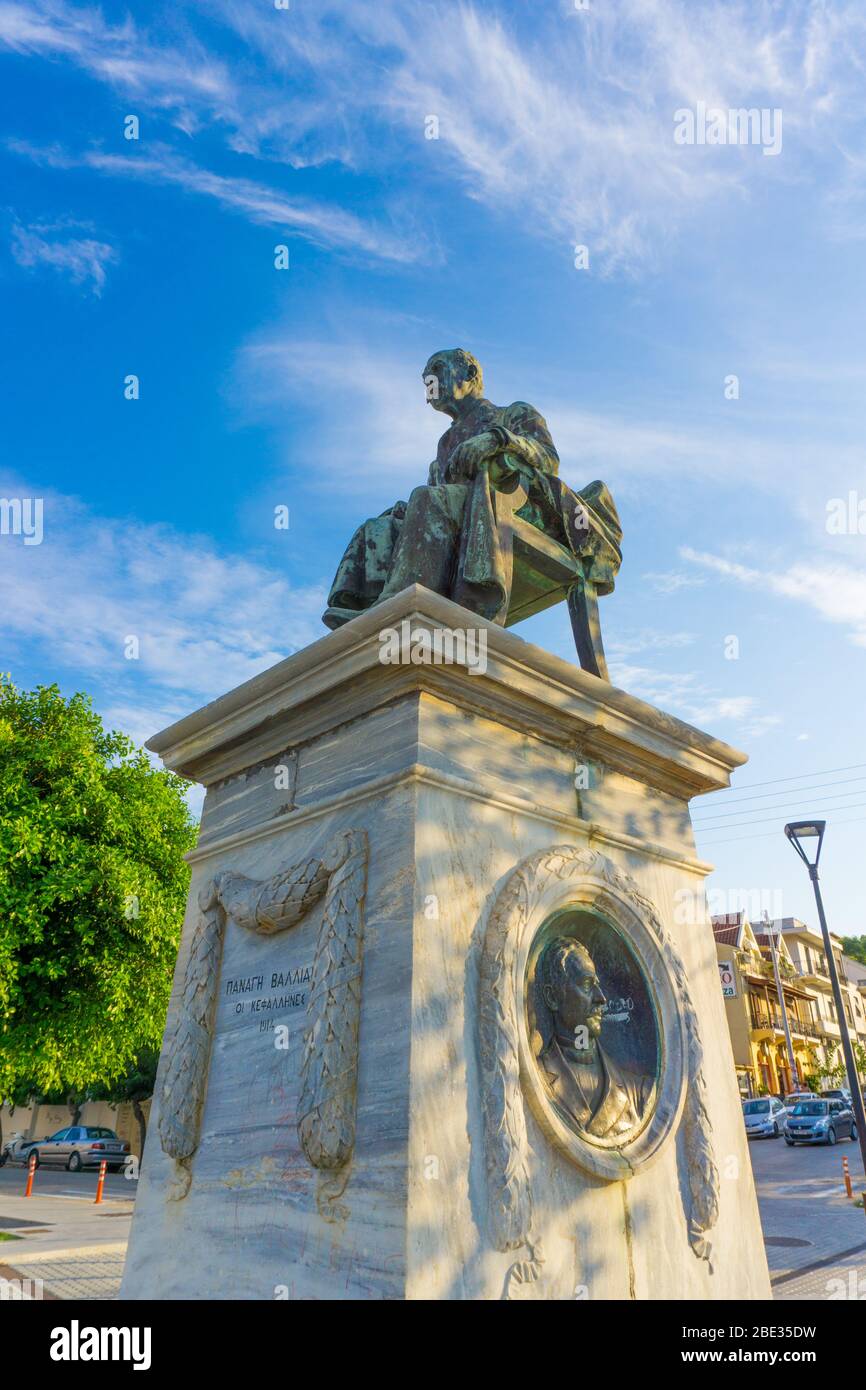 Panagis Vallianos statue, the benefactor of the central square of Argostoli in Kefalonia, Greece. Statue by Georgios Bonanos Stock Photo