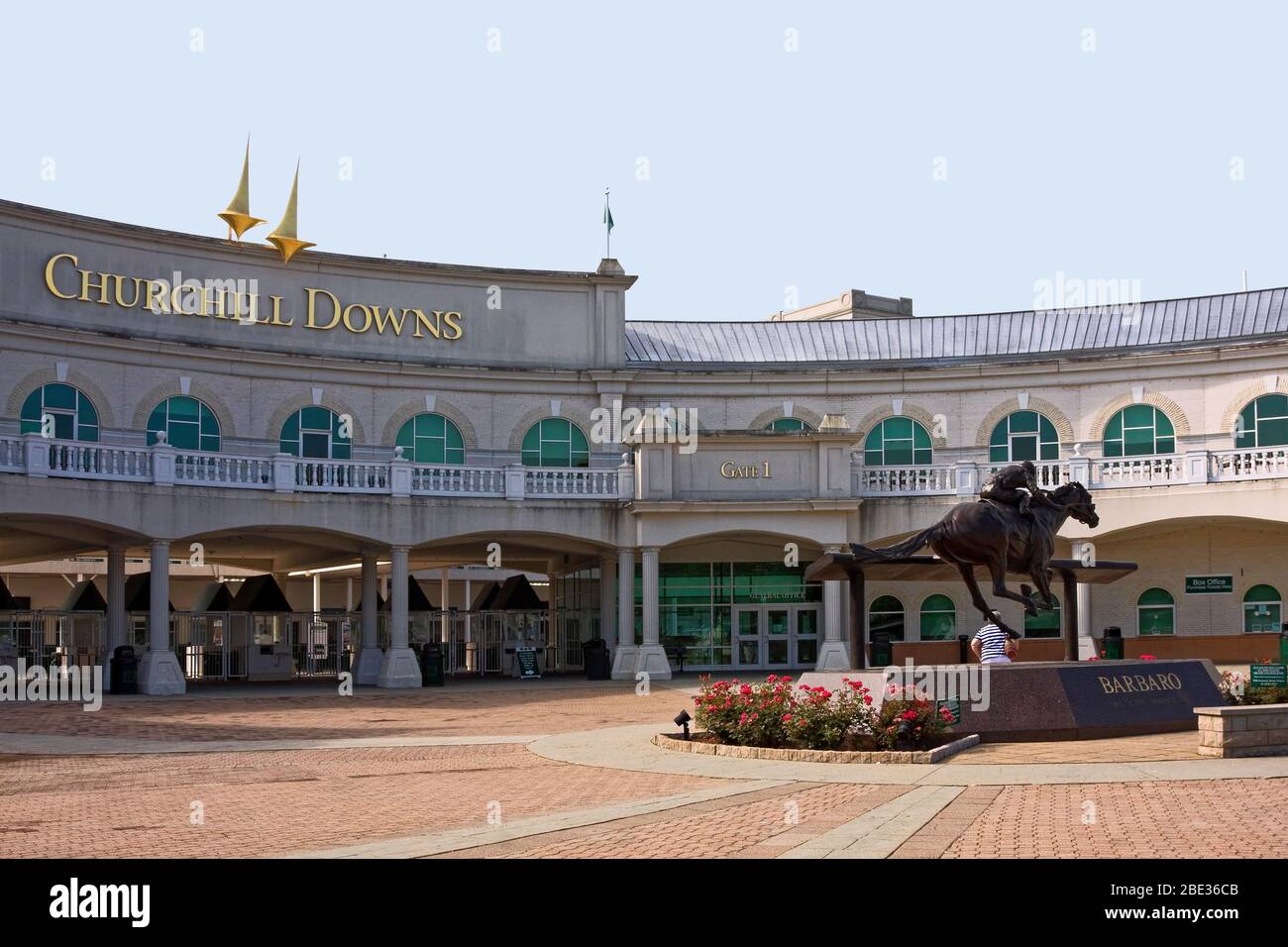 Churchill Downs Racetrack entrance, main gate, curved building, Barbaro