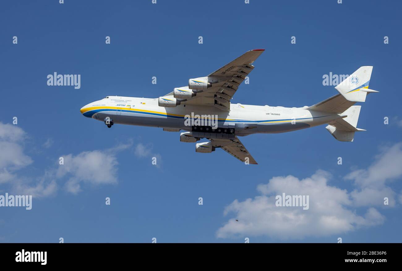 Ukraine, Gostomel April 11, 2020 Aircraft AN225 Mriya takes off