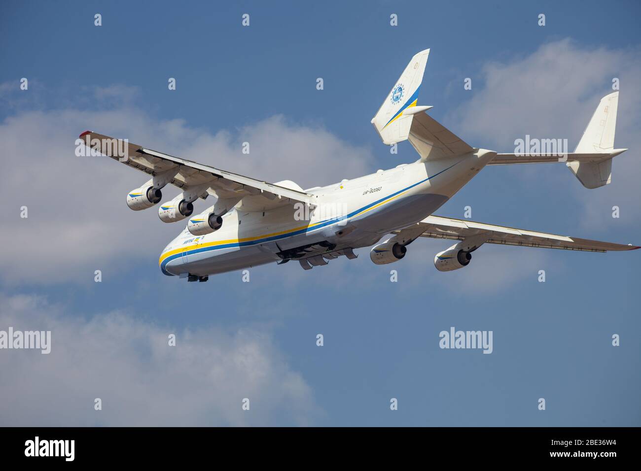 Ukraine, Gostomel April 11, 2020 Aircraft AN225 Mriya takes off