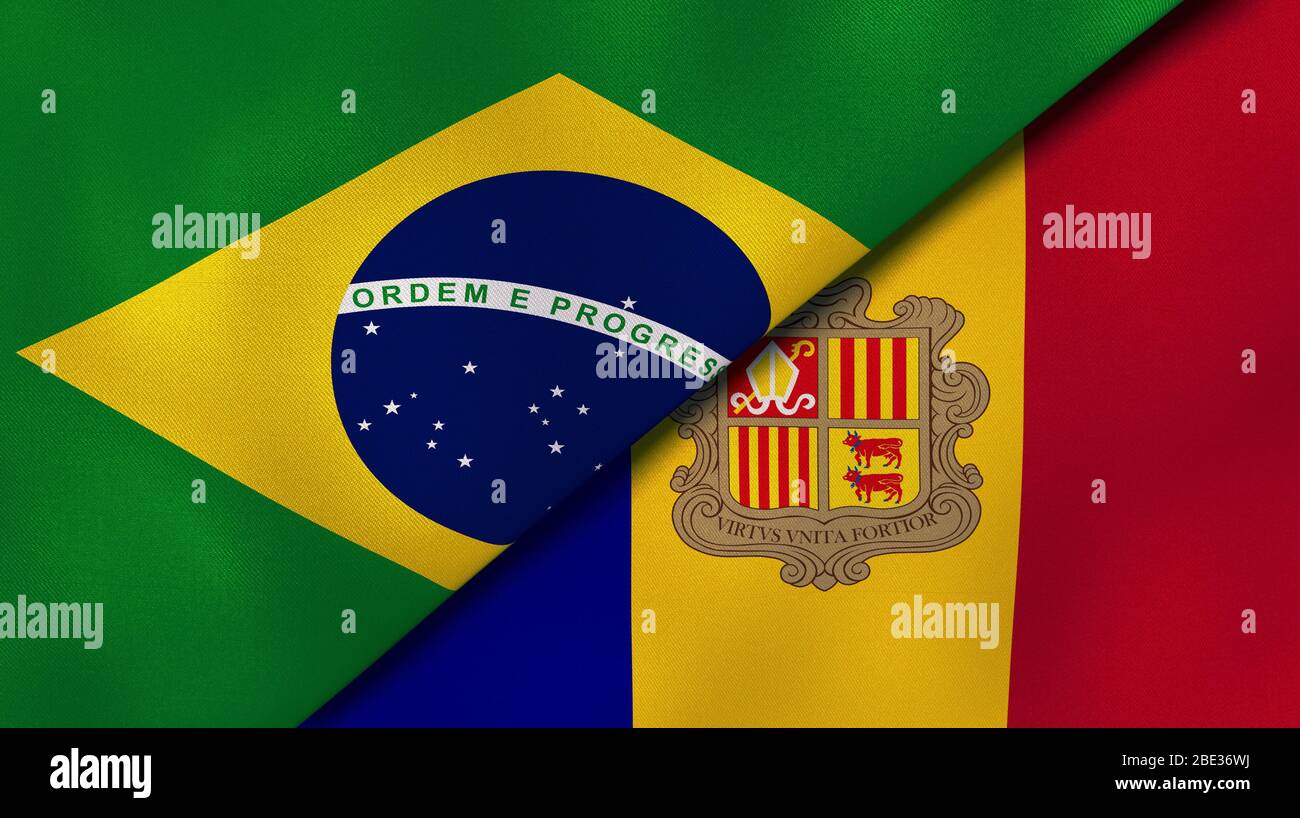 Two states flags of Brazil and Andorra. High quality business background. 3d illustration Stock Photo