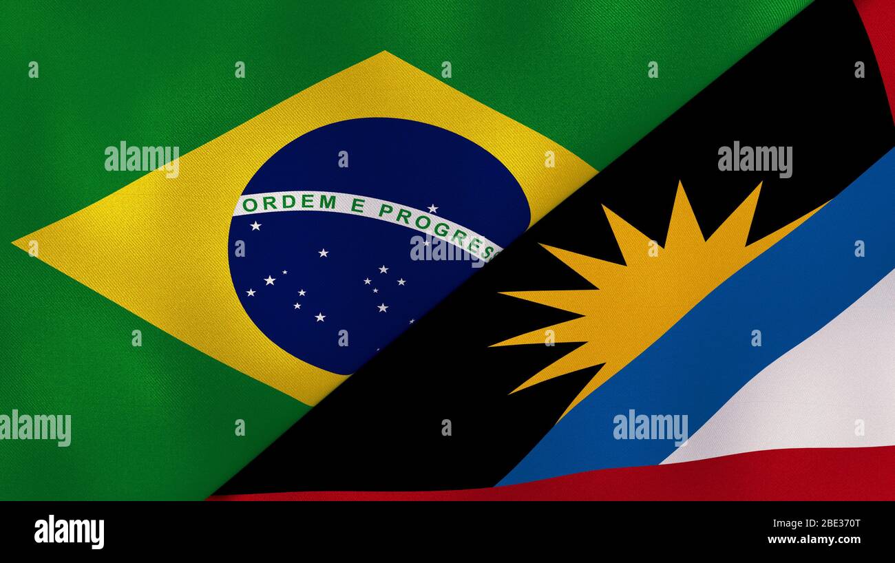 Two states flags of Brazil and Antigua and Barbuda. High quality business background. 3d illustration Stock Photo