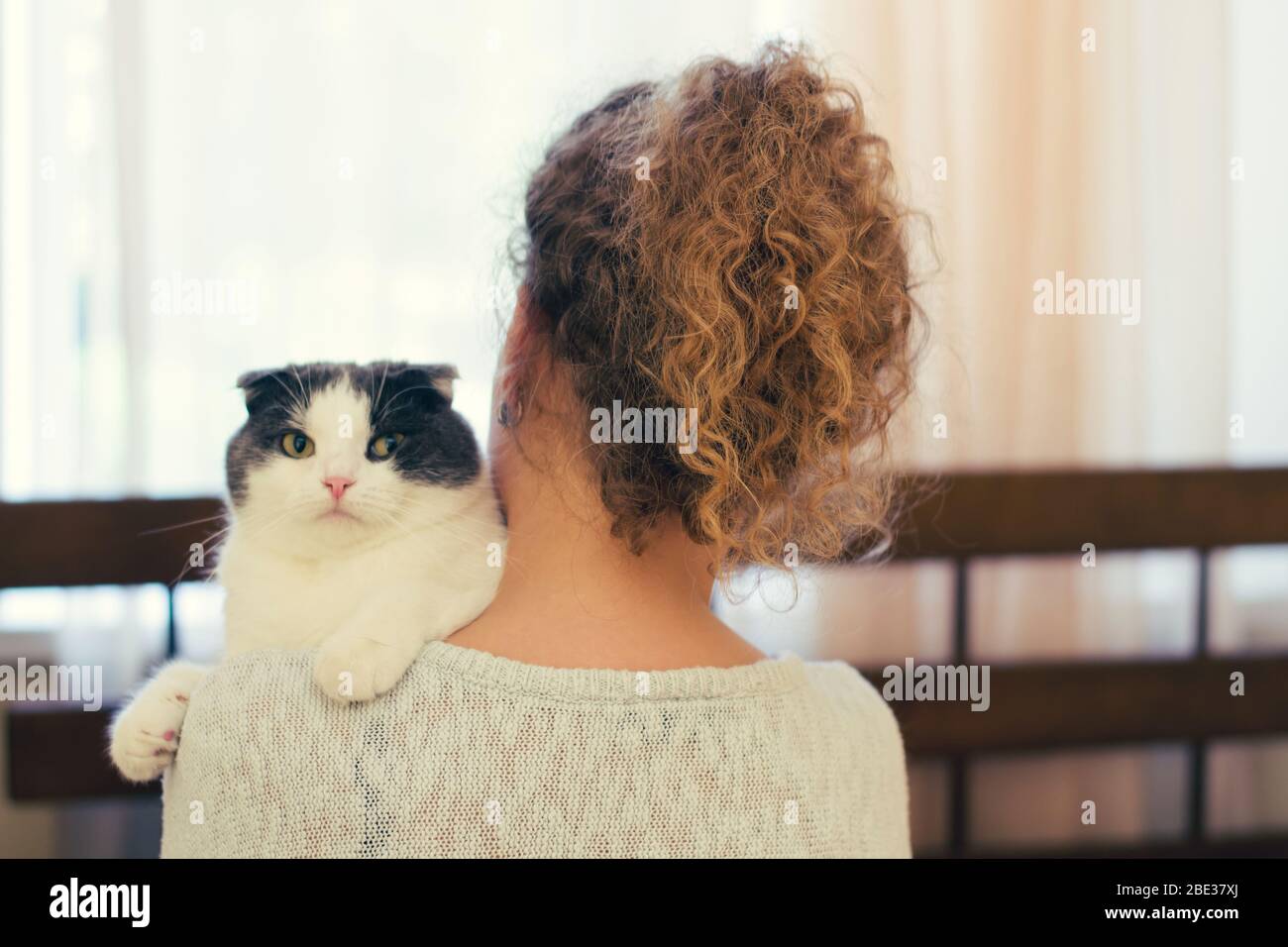 Girl holding a cat on her shoulder Stock Photo Alamy
